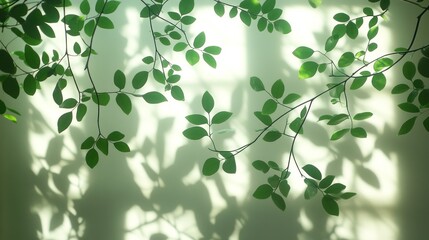 Obraz premium Sunlight filtering through green leaves casts shadows on a light wall.