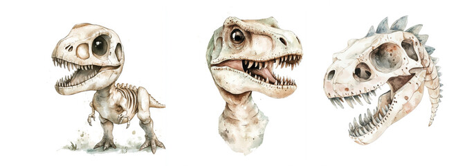Obraz premium Dinosaurs and their skulls depicted in a whimsical style highlighting unique features and expressions