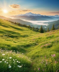 Fototapeta premium Mountain landscape with a lake and green hills under a blue sky