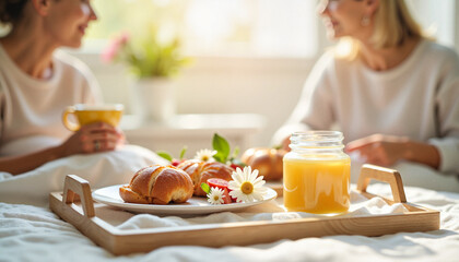 Mother and daughter enjoying tea time in cozy setting, golden sunlight, happiness, homemade breakfast, Mother's Day