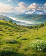 Fototapeta premium Mountain landscape with a lake and green hills under a blue sky