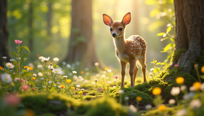 Adorable baby deer standing among wildflowers in a sunlit forest glade