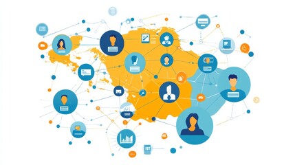 Global network of people and data connections on world map