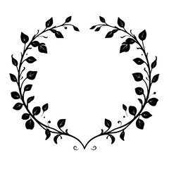 Elegant Black and White Botanical Floral Wreath with Leaves, Vines, and Decorative Elements.