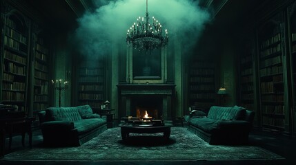 Mysterious, smoky library interior with antique furniture, fireplace, and chandelier.