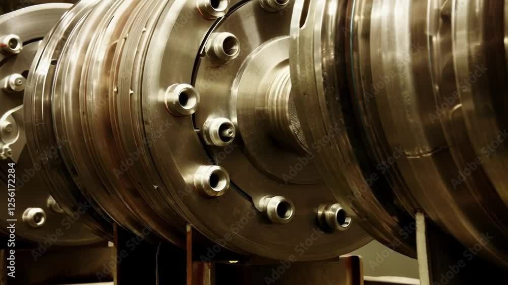Poster sophisticated equipment with multiple circular components and bolts suggests advanced technological 