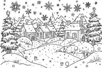 Winter Wonderland Coloring Page Featuring Cozy Houses, Snowflakes, Pine Trees, and Scenic Mountains in a Relaxing Landscape