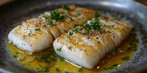 Deliciously cooked cod fillets with herbs and butter