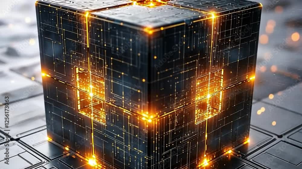 Fototapete Digital Cube: A futuristic and enigmatic digital cube pulses with vibrant energy, its intricate circuits and glowing lights hinting at a complex and powerful inner workings.  