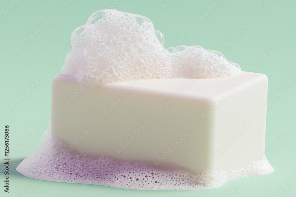 Poster soap suds and serenity: a pristine bar of soap rests on a bed of luxurious, billowing lather, creati