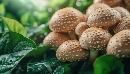 Cluster of Brown Mushrooms Growing Amongst Lush Green Leaves