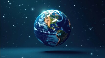 Fototapeta premium A Vivid Depiction of Planet Earth Suspended in a Dark Blue Cosmos, Showcasing Atmospheric Details and Continental Landmasses