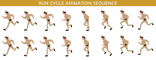 Police Officer Character Run cycle animation sequence. Front Rnu frame by frame animation sprite sheet.