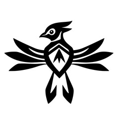 Abstract vector bird logo of a black bird with wings spread wide, its body a silhouette.