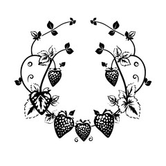 Strawberry Wreath: A Black and White Botanical Illustration of a Wreath formed by Strawberries and Leaves.