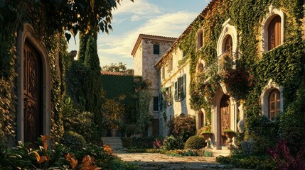 Fototapeta premium Charming Stone House Surrounded by Lush Greenery and Plants