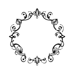 Decorative floral oval frame, black ornate design with a pearl earrings on a white background.