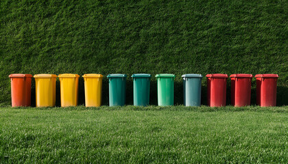 Obraz premium Many color recycling bins on green grass outdoors, space for text