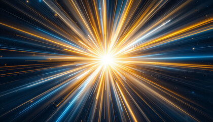 Un estallido de luz que irradia desde un punto central, creando rayas de tonos dorados y azules que se extienden hacia afuera