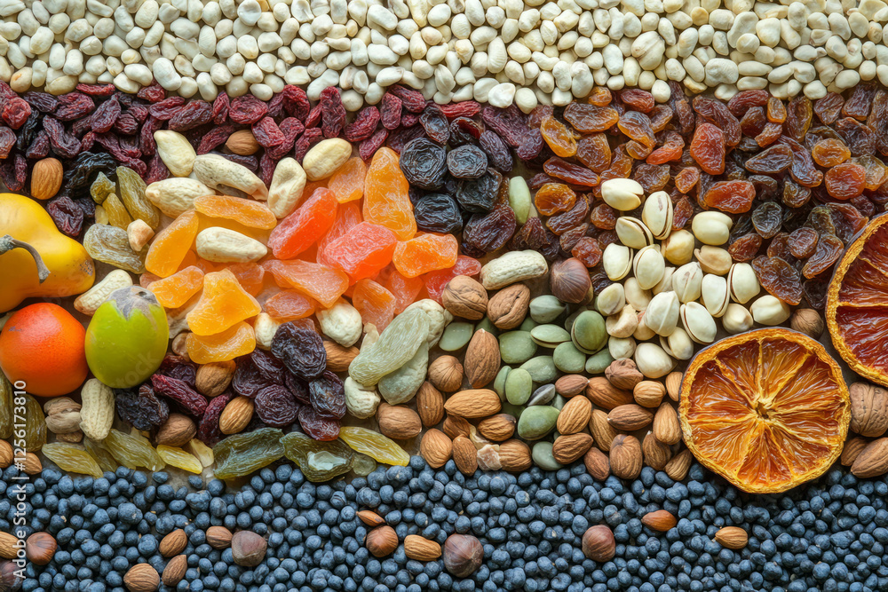 Poster colorful mix of nuts and dried fruits arranged in a vibrant display for snacking