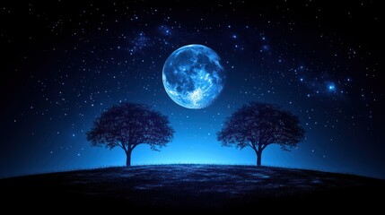 Two silhouetted trees on a hill under a large blue moon and starry night sky.
