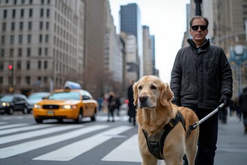 Visually impaired man walking with guide dog in new york city
