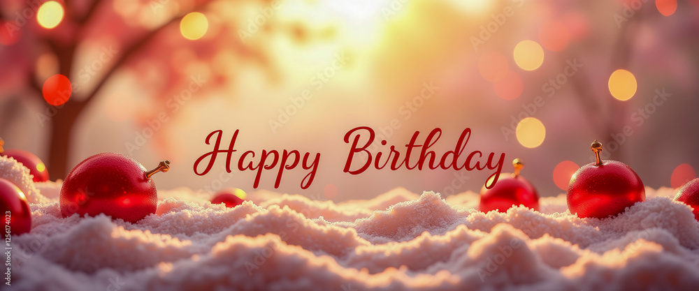 Poster a banner with a pink background and a tree on it that says happy birthday. there are three red balls