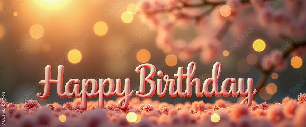 Poster a banner with a pink background and a tree on it that says happy birthday. there are three red balls