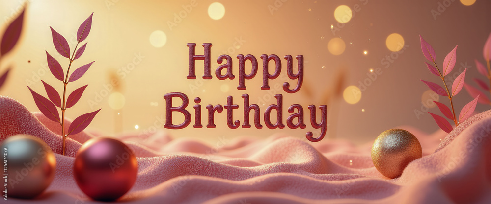 Poster a banner with a pink background and a tree on it that says happy birthday. there are three red balls