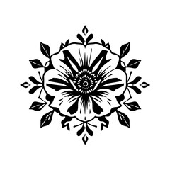 Detailed black and white minimalist floral design with a central flower.