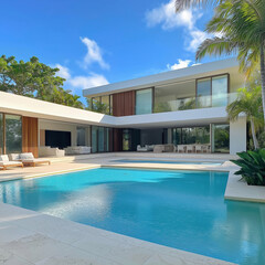 Fototapeta premium Modern luxury villa with swimming pool and tropical garden under a sunny sky