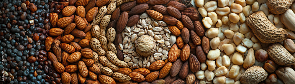 Poster colorful nuts and seeds arranged in a textured spiral pattern on a bright background