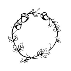 A botanical illustration of a circular wreath-shaped vine garland with acorns and leaves.