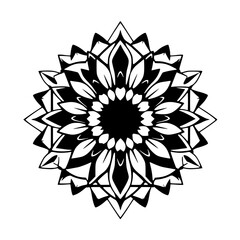 Black and white mandala, a radial design of leaves and points on a white background, a symmetrical floral image.