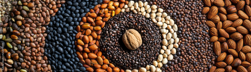 Poster nuts and seeds create a colorful spiral design for a vibrant display background