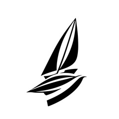 Black and white minimalist illustration of a sailboat, with the illusion of movement, on a white background.