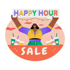 A flat illustration of happy character with sale typography 
