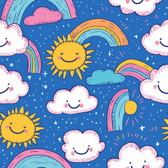 Seamless pattern with smiling suns, cheerful clouds, and colorful rainbows