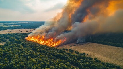 Aerial View of a Devastating Wildfire Consuming a Forest