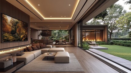 Fototapeta premium Modern luxury living room with fireplace, large windows, and garden view.
