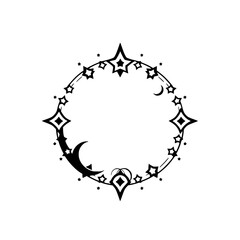 Fototapeta premium Celestial circular frame design, featuring a moon, stars, and a diamond-shaped element, black on white.