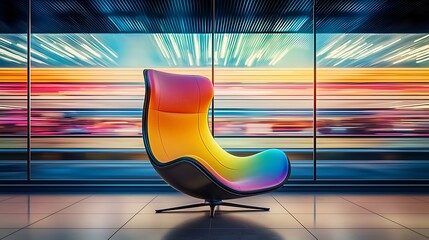 Colorful armchair, city night, window view, modern design, advertising