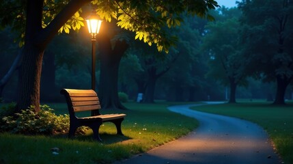 Serene Twilight Park Scene Empty Wooden Bench Underneath a Glowing Street Lamp, Beside a Winding Path Through Lush Green Grass and Tall Trees at Dusk