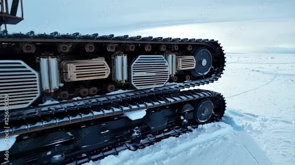 Poster close up view of snowcat tracks rotating on a snowy, frozen sea, showcasing their movement and mecha