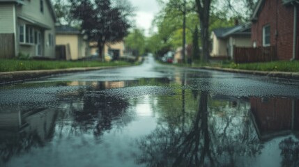 Rainy Street Reflection After Rain Shower in Neighborhood Setting