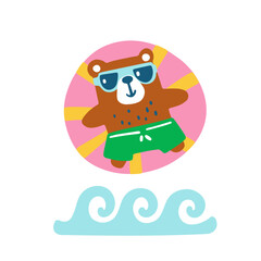 Summer isolated illustration with cute brown bear on inflatable rubber ring on the beach. Vector childish hand drawn illustration in simple hand drawn modern style.