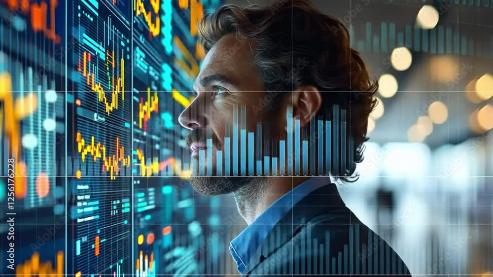 Aufkleber Data Driven Decisions: A businessman intensely analyzes a large screen displaying a complex array of financial data, showcasing the critical role of analytics in modern business decision-making. 