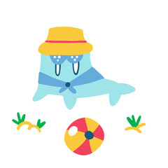 Summer seamless pattern with cute walrus in panama hat on the beach. Vector childish hand drawn illustration in simple hand drawn modern style.