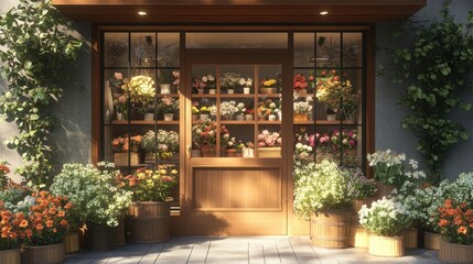 Charming Flower Shop Entrance with Wooden Door Half Open Showcasing Vibrant Bouquets and Lush Greenery in Bright Natural Light
