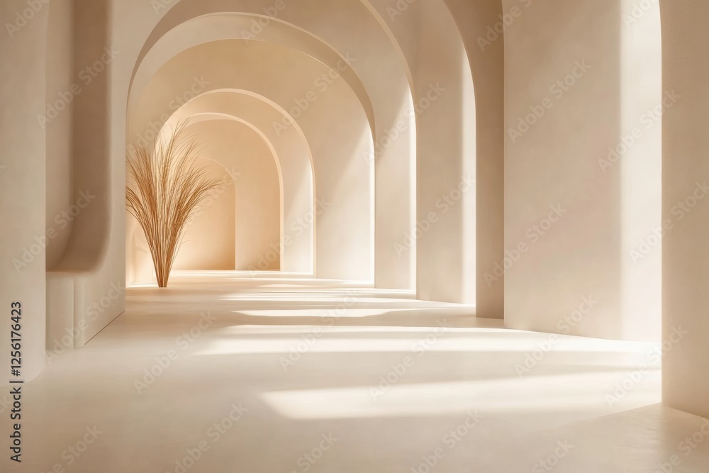 Poster Minimalist runway illuminated by soft lighting, featuring clean lines and monochromatic tones in an elegant setting. Generative AI